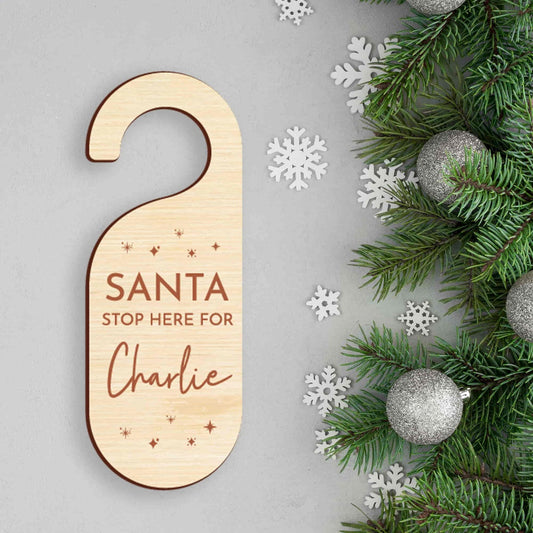 Personalised Wood "Santa Stop Here" Door Hanger - Letterfy