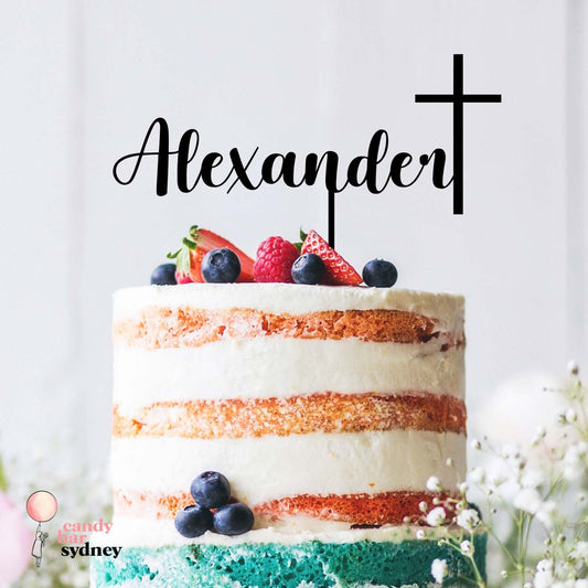 Name with Cross Baptism Custom Cake Topper - Christening Cake Toppers - Rose Gold Cake Toppers - Letterfy