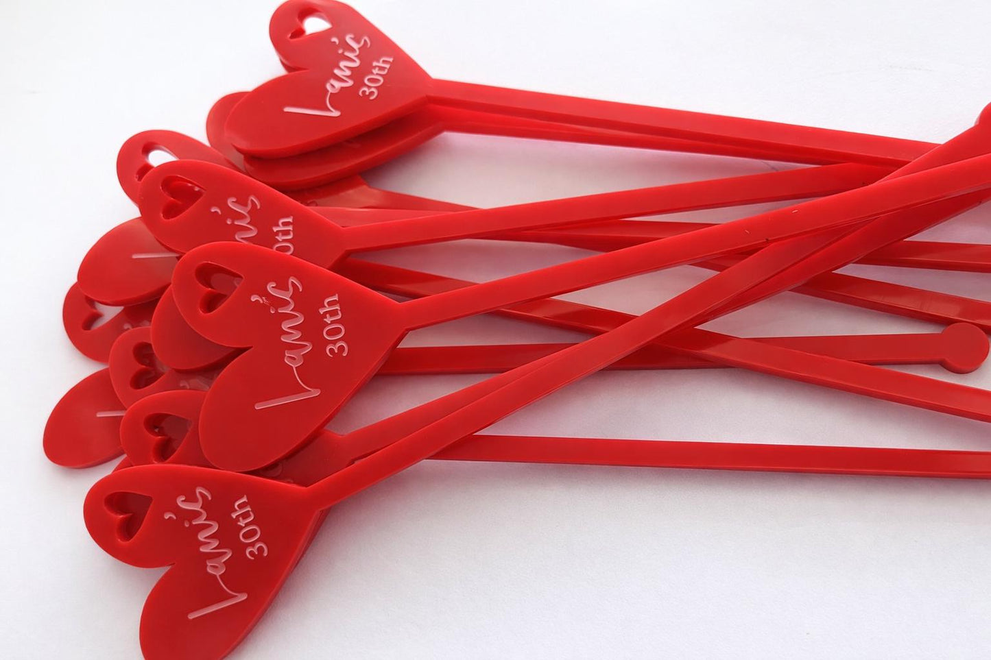 Red Heart Drink Stirrers – Customised for Celebrations, Weddings, Birthdays