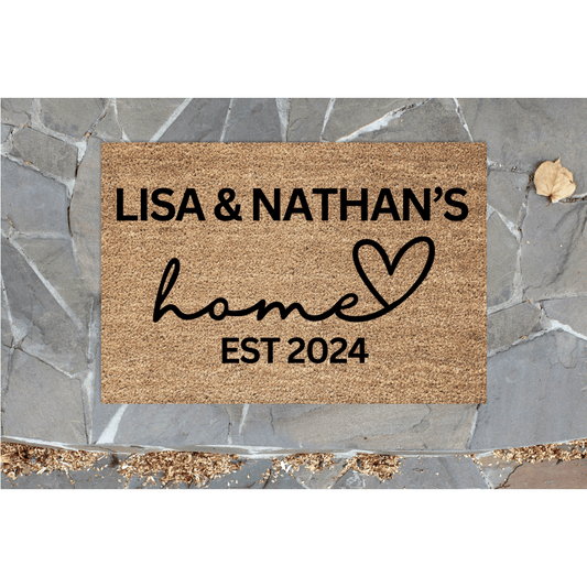 Personalised Welcome Door Mat - Home with EST Date and a heart