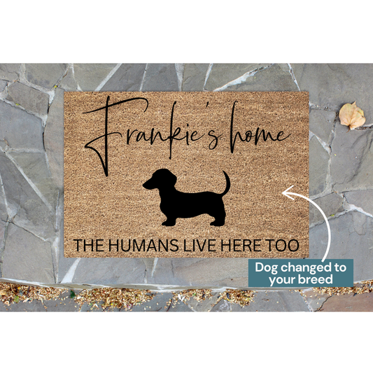 Personalised dog doormat lives here - dog breed can be changed