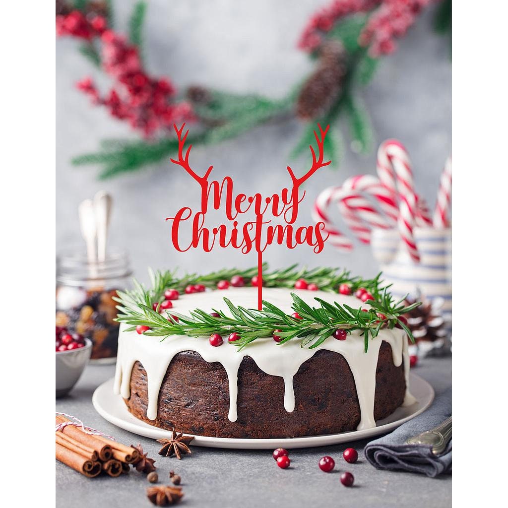 Merry Christmas Cake Topper With Antlers - Style 2 - Christmas Decorations - Letterfy 