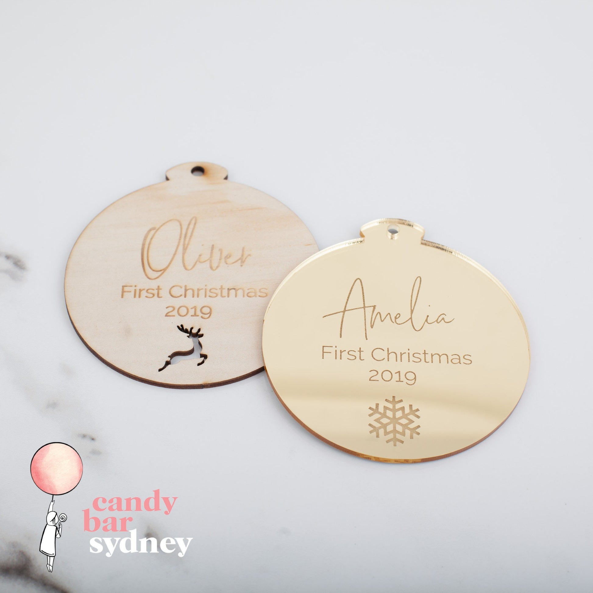 Personalized First Christmas Bauble: Wood or Acrylic Ornament