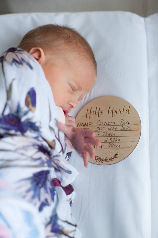 Hello World Birth Announcement - Wooden Birth Announcement Disc - Name Plaque - Letterfy 