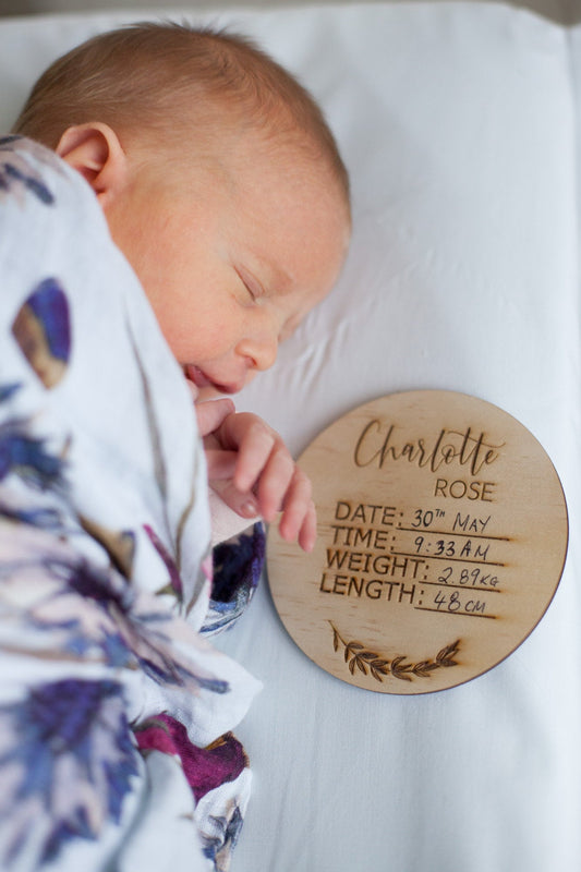 Personalised Birth Announcement - Wooden Birth Announcement Disc - Name Plaque - Letterfy 