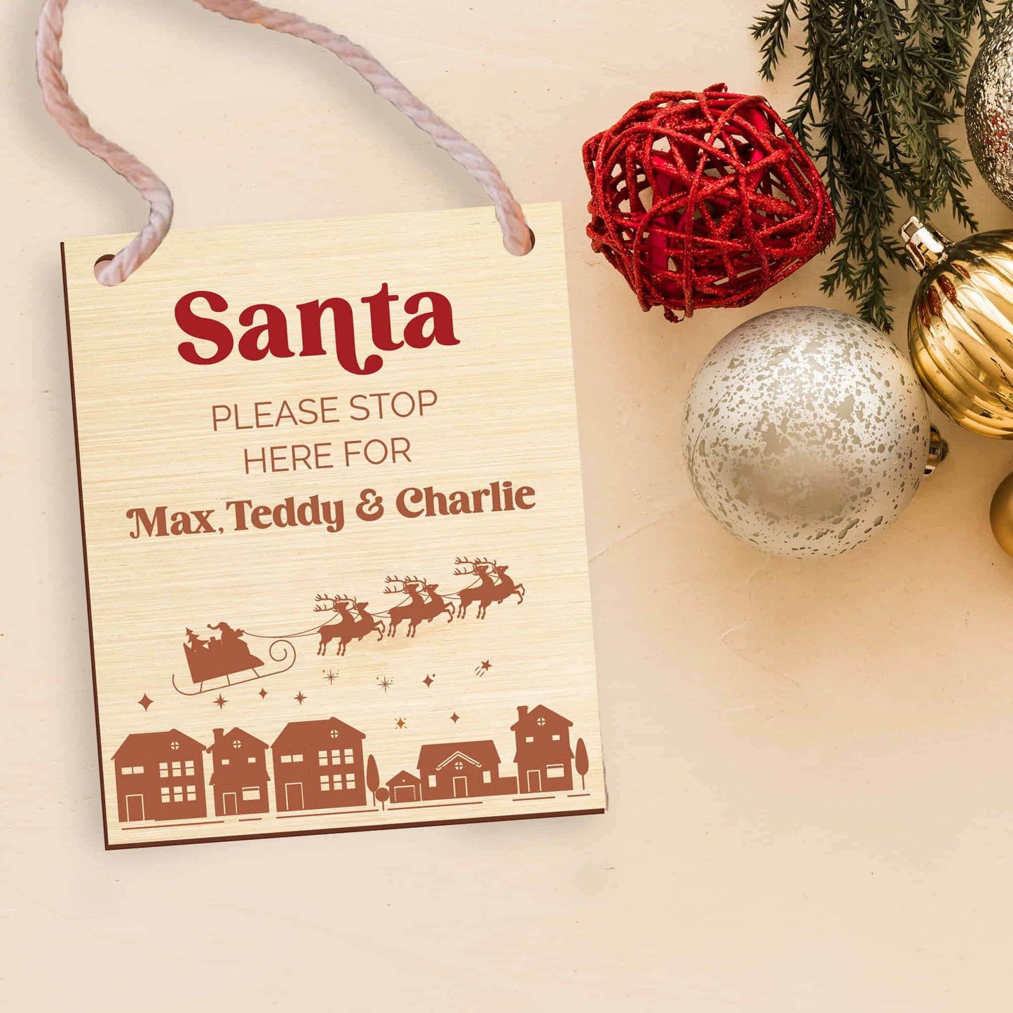 Personalised "Santa Stop Here" Plaque - Custom Christmas Door Hanger - Letterfy 