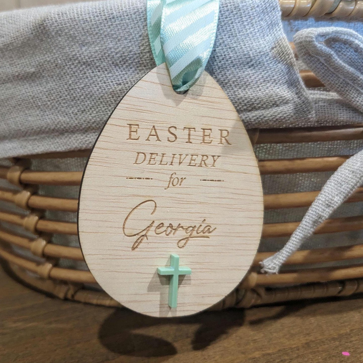Personalized Wooden Easter Basket Tag: Bunny or Cross Design