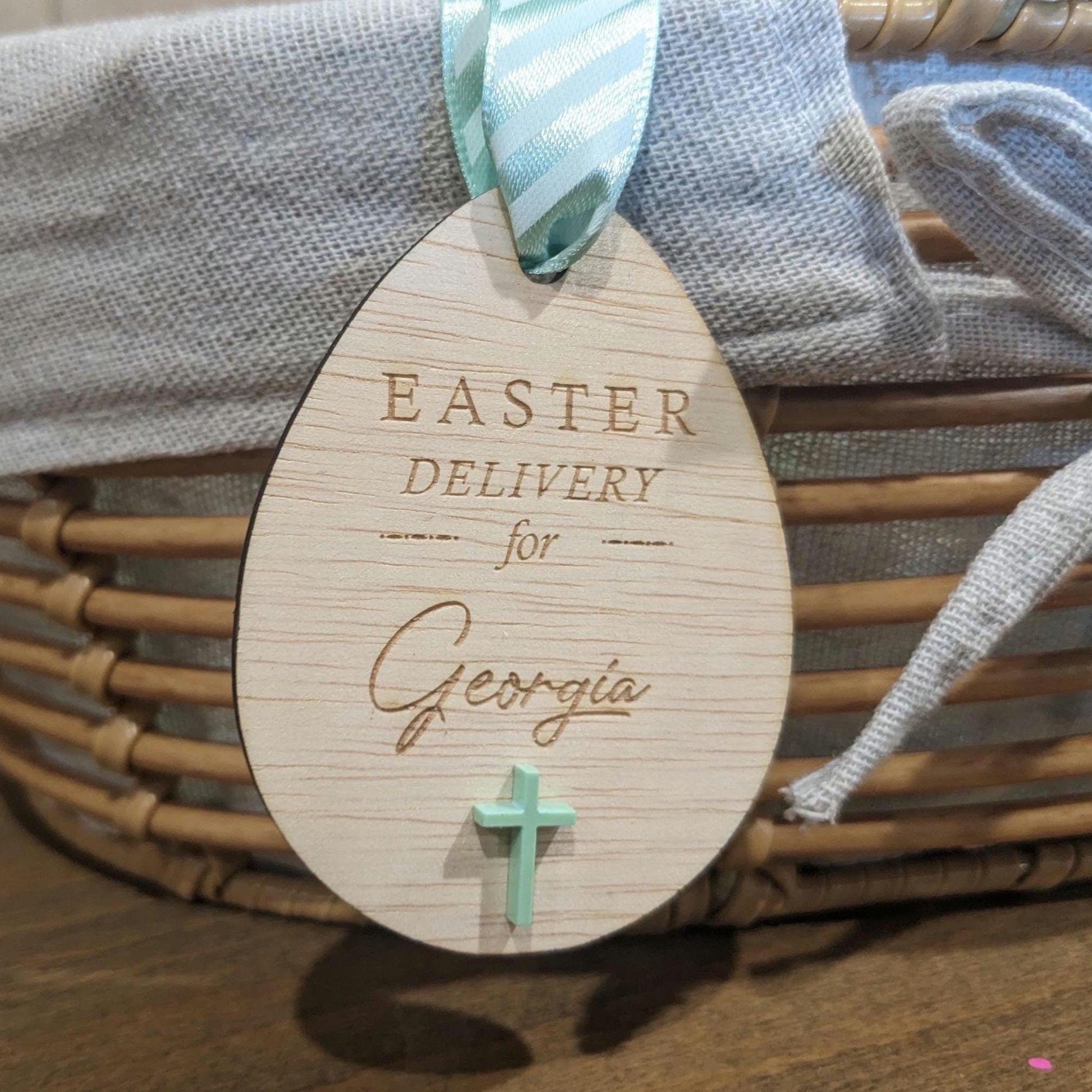 Personalized Wooden Easter Basket Tag: Bunny or Cross Design