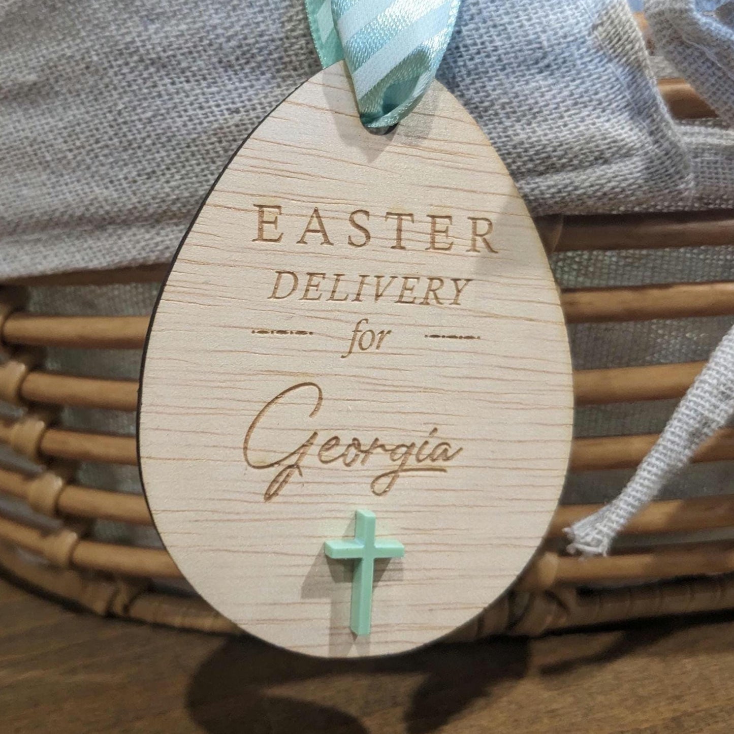 Personalized Wooden Easter Basket Tag: Bunny or Cross Design