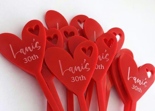 Red Heart Drink Stirrers – Customised for Celebrations, Weddings, Birthdays