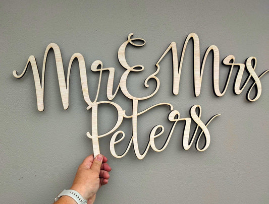 Custom Mr & Mrs Wooden Name Sign, Script Surname Wedding Plaque, 6mm Wood Decor